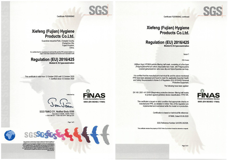 Çin XIEFENG (FUJIAN) HYGIENE PRODUCTS CO.,LTD Sertifikalar